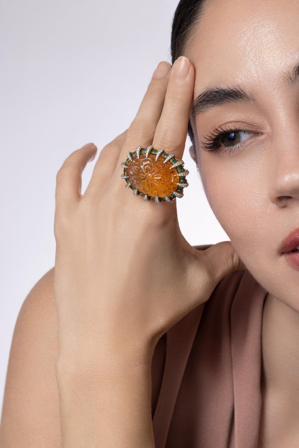 Citrine Tsavorite Diamond Ring-YELLOW GOLD-8-JEWELRYFINE JEWELRING-TONY DUQUETTE