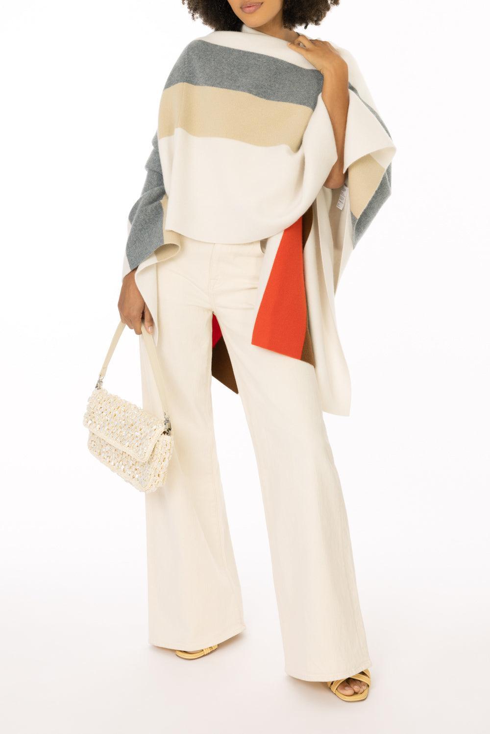 Twp Double Stripe Poncho-CRMLPSTK-O/S-CLOTHINGTOPPONCHO-TWP
