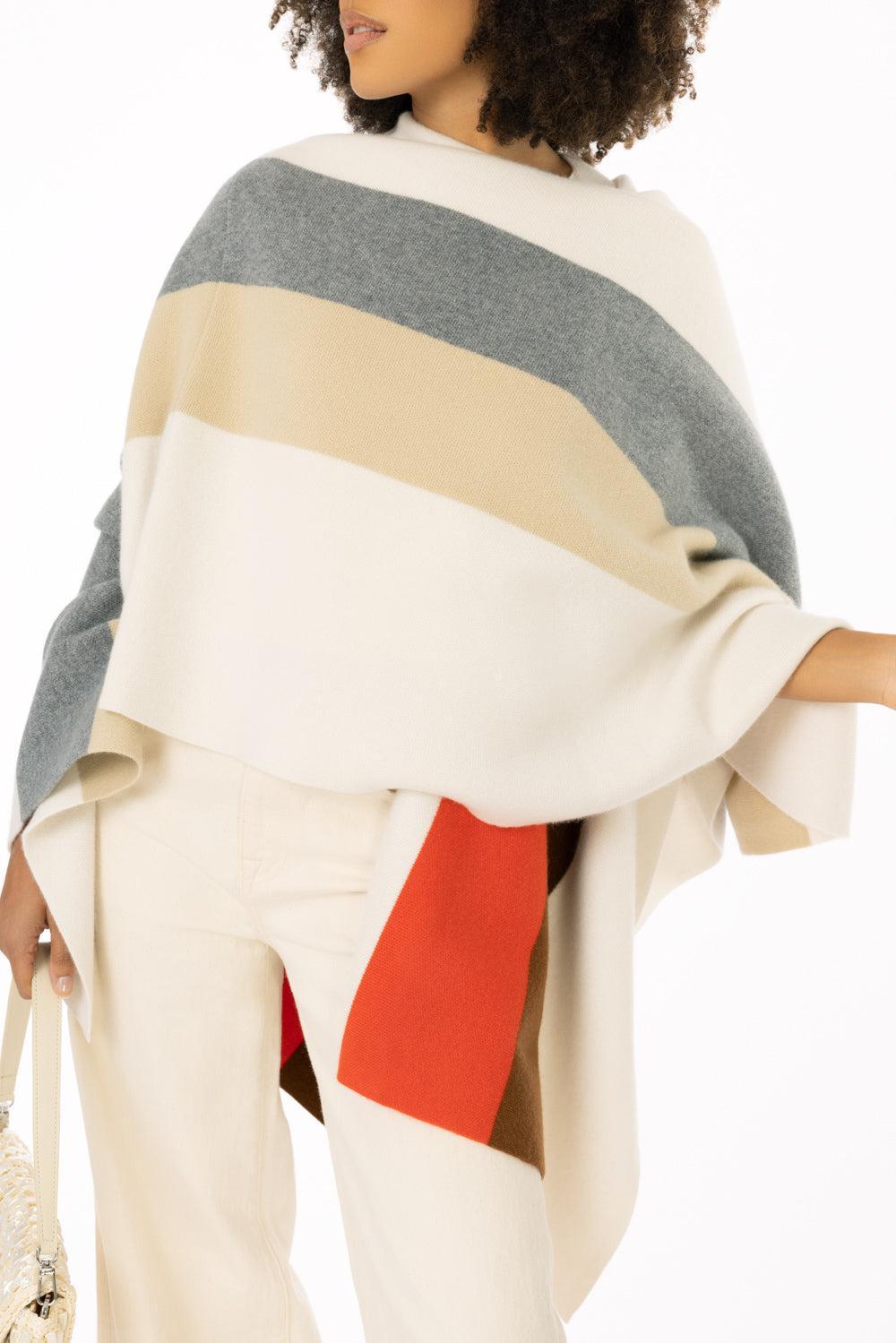 Twp Double Stripe Poncho-CRMLPSTK-O/S-CLOTHINGTOPPONCHO-TWP