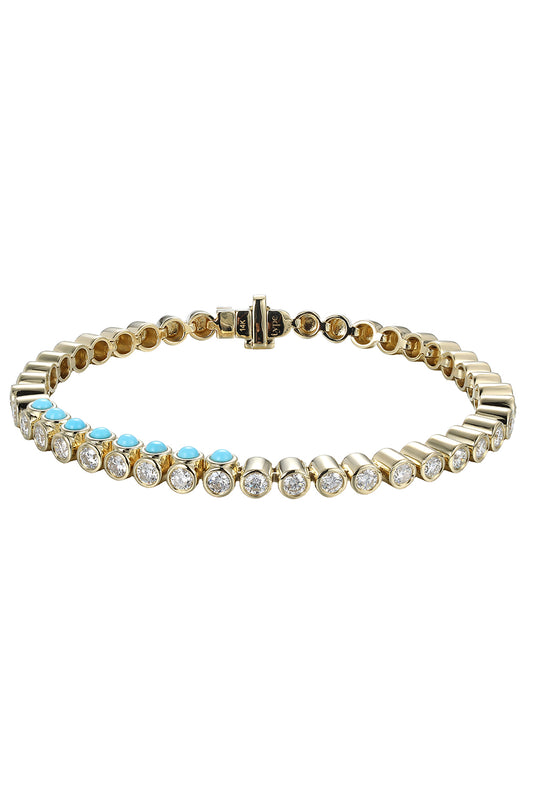 Diamond Turquoise Sideways Tennis Bracelet-YELLOW GOLD-6.75-JEWELRYFINE JEWELBRACELET O-TYPE JEWELRY