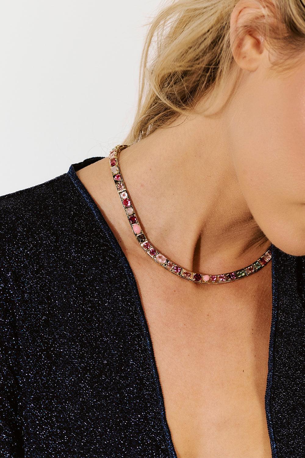 Pink Multistone Leggo Necklace-YELLOW GOLD-18-JEWELRYFINE JEWELNECKLACE O-TYPE JEWELRY