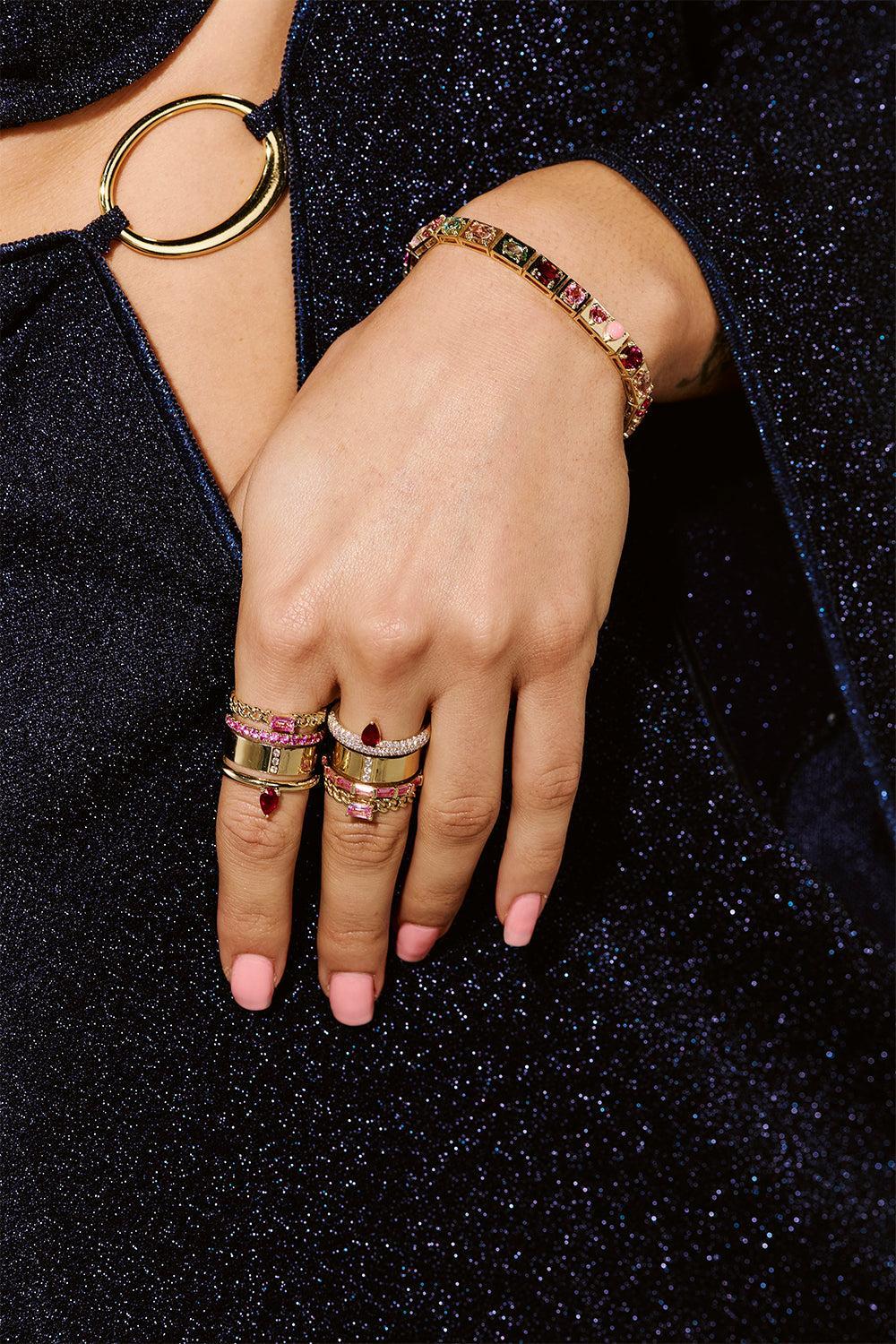  Ruby-Pink Sapphire Stack Pave Ring-YELLOW GOLD-7.5-JEWELRYFINE JEWELRING-TYPE JEWELRY 