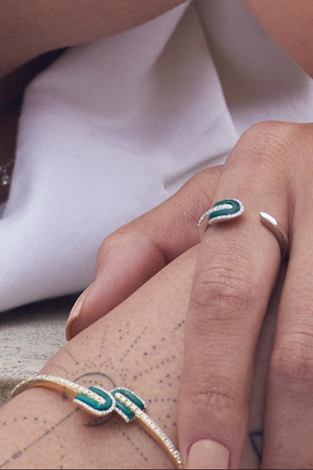 Diamond Malachite U Mini Duo Bangle Bracelet-WHITE GOLD-JEWELRYFINE JEWELBRACELET O-U LOS ANGELES
