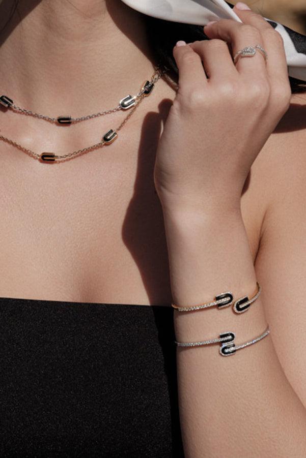Diamond Onyx U Duo Bangle Bracelet-WHITE GOLD-JEWELRYFINE JEWELBRACELET O-U LOS ANGELES