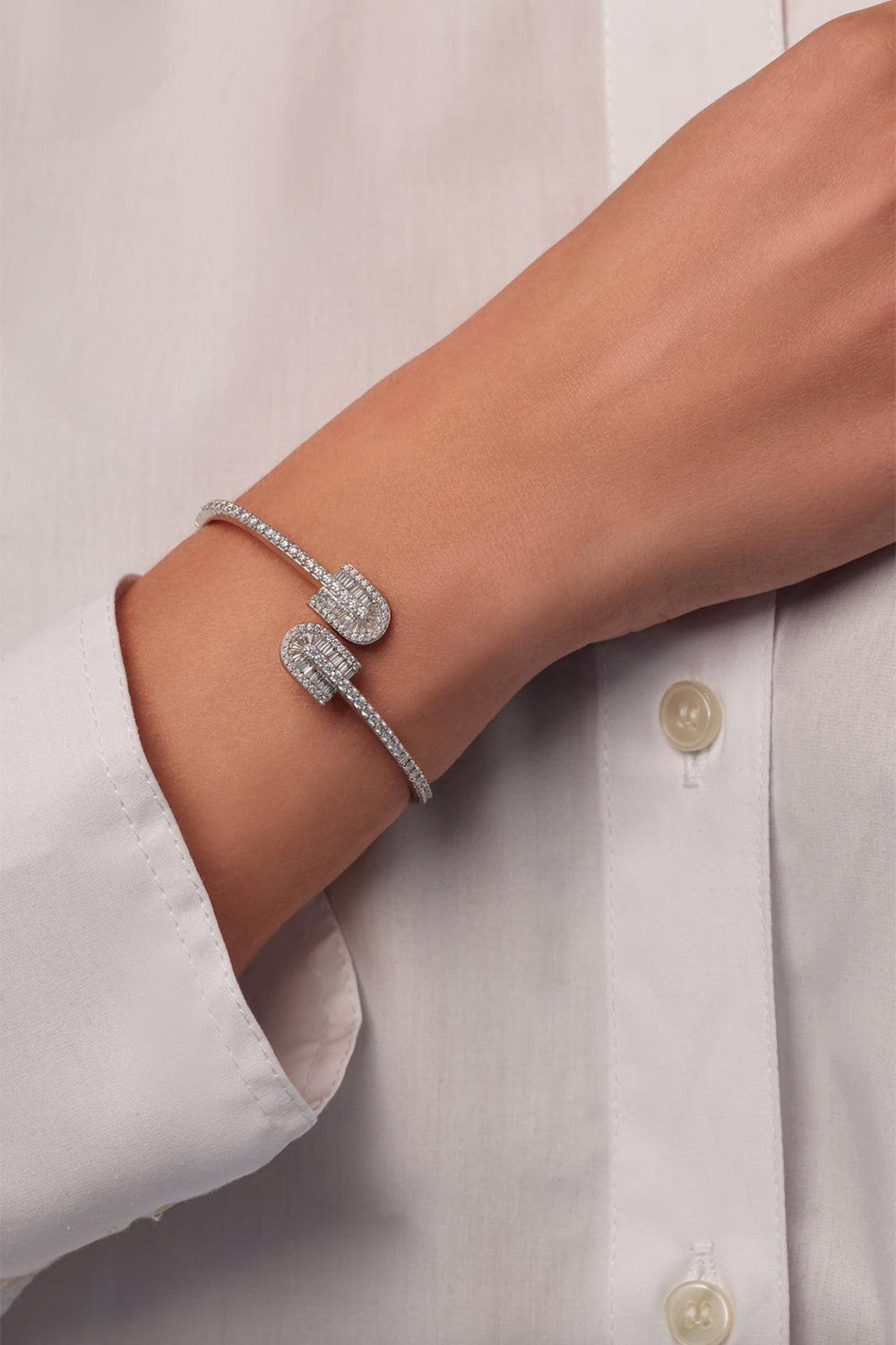 Diamond U Duo Mini Baguette Bangle Bracelet - White Gold-WHITE GOLD-JEWELRYFINE JEWELBRACELET O-U LOS ANGELES