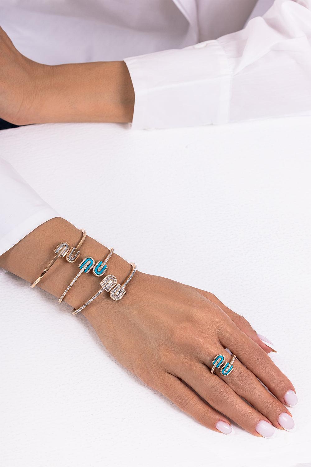 Diamond Turquoise U Duo Mini Bangle Bracelet - Yellow Gold-YELLOW GOLD-JEWELRYFINE JEWELBRACELET O-U LOS ANGELES
