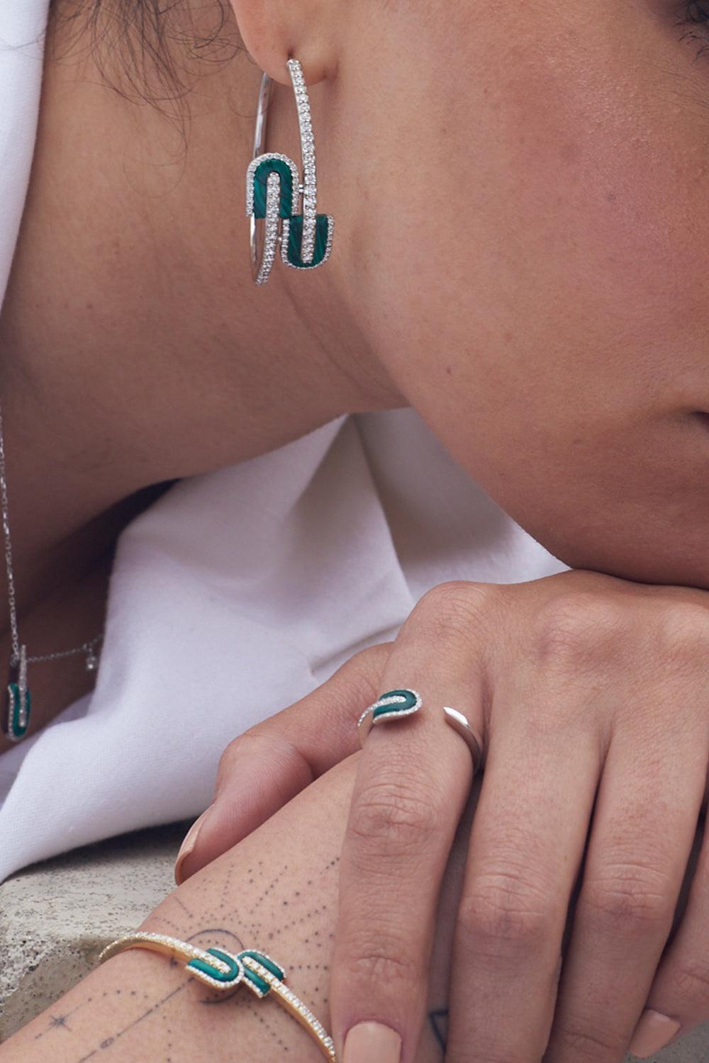 Diamond Malachite U Hoop Earrings-ROSE GOLD-JEWELRYFINE JEWELEARRING-U LOS ANGELES