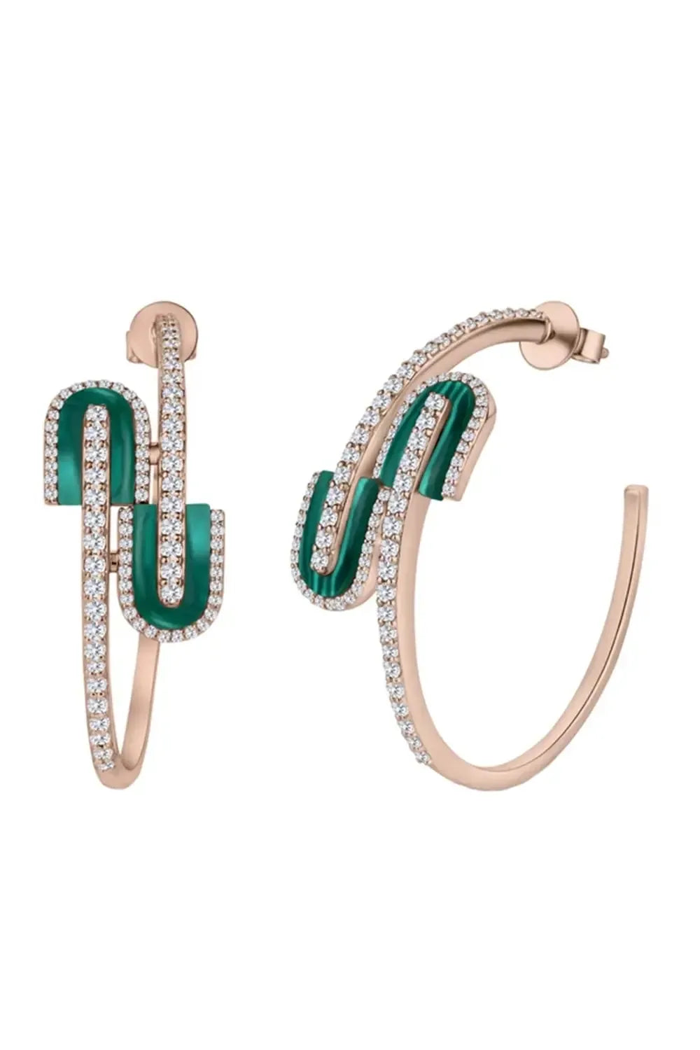 Diamond Malachite U Hoop Earrings-ROSE GOLD-JEWELRYFINE JEWELEARRING-U LOS ANGELES