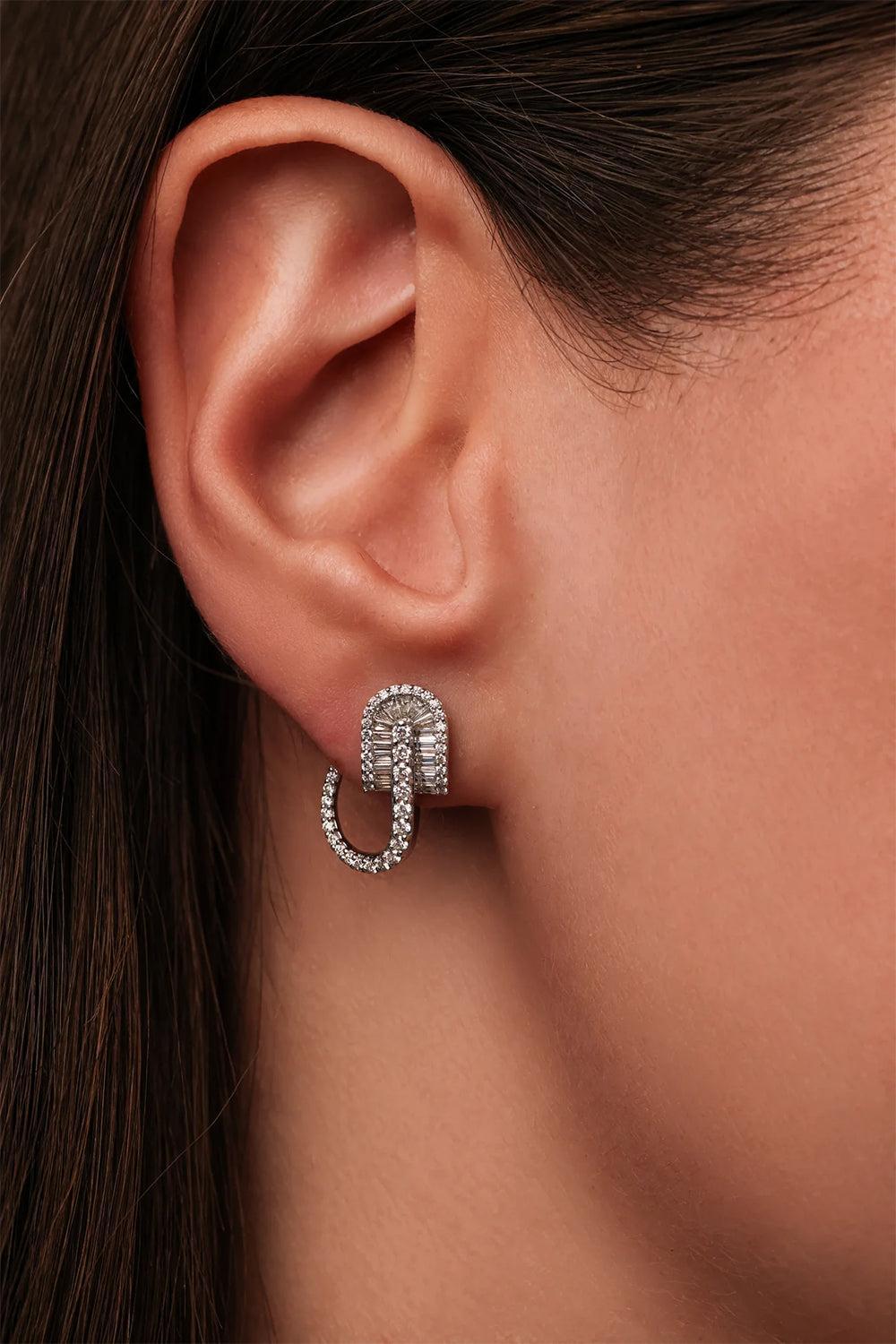 Diamond Baguette U Huggie Hoop Earrings - White Gold-WHITE GOLD-JEWELRYFINE JEWELEARRING-U LOS ANGELES