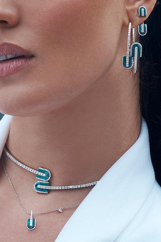 Diamond Malachite U Maxi Hoop Earrings-WHITE GOLD-JEWELRYFINE JEWELEARRING-U LOS ANGELES