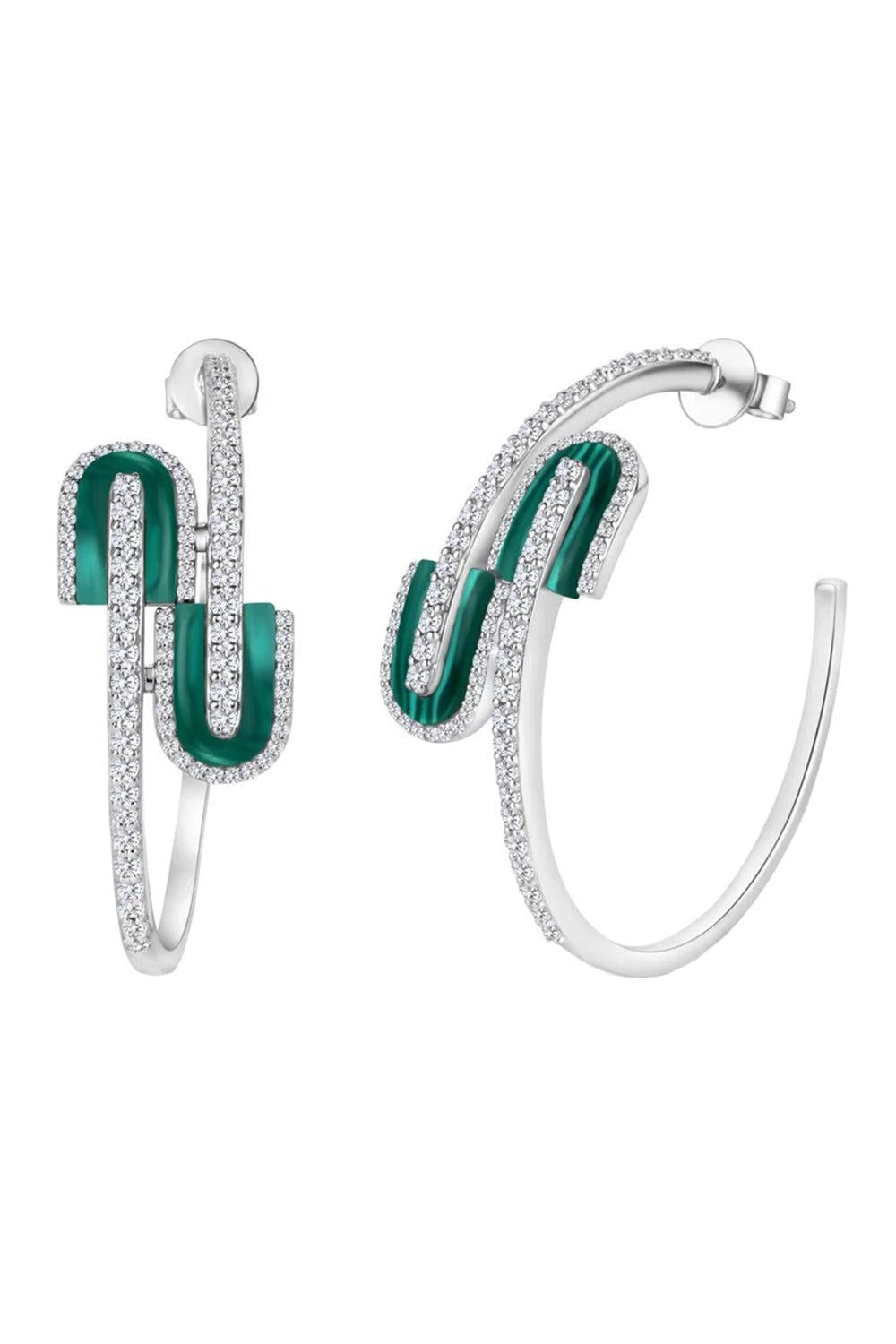 Diamond Malachite U Maxi Hoop Earrings-WHITE GOLD-JEWELRYFINE JEWELEARRING-U LOS ANGELES