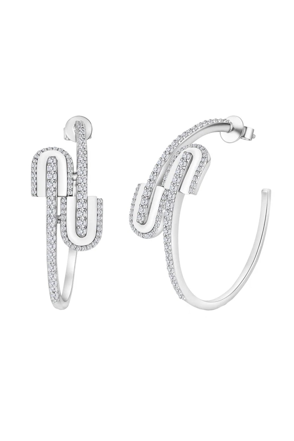 Diamond White Quartz U Midi Hoop Earrings-WHITE GOLD-JEWELRYFINE JEWELEARRING-U LOS ANGELES