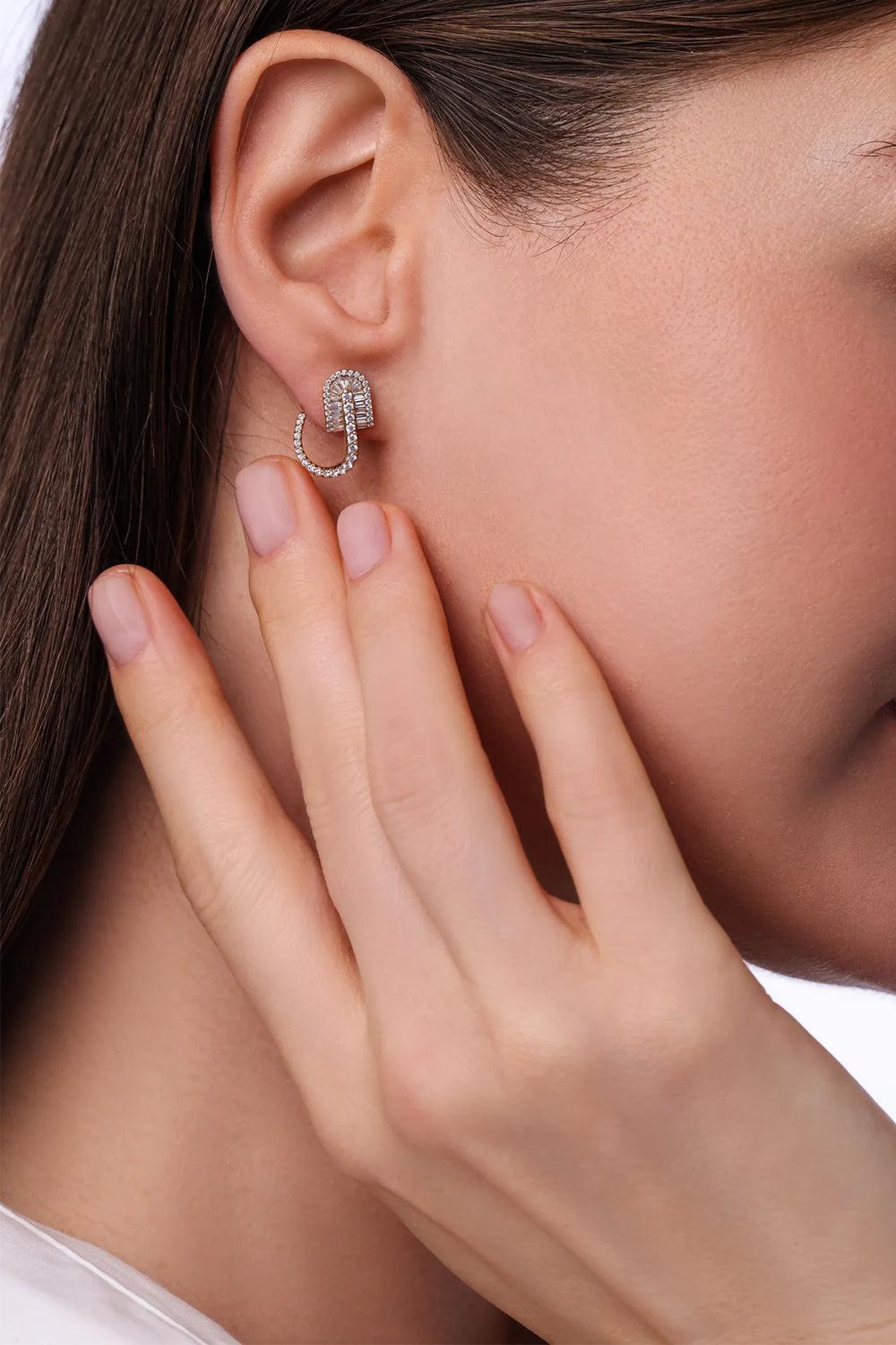 Diamond Baguette U Huggie Earrings - Yellow Gold-YELLOW GOLD-JEWELRYFINE JEWELEARRING-U LOS ANGELES