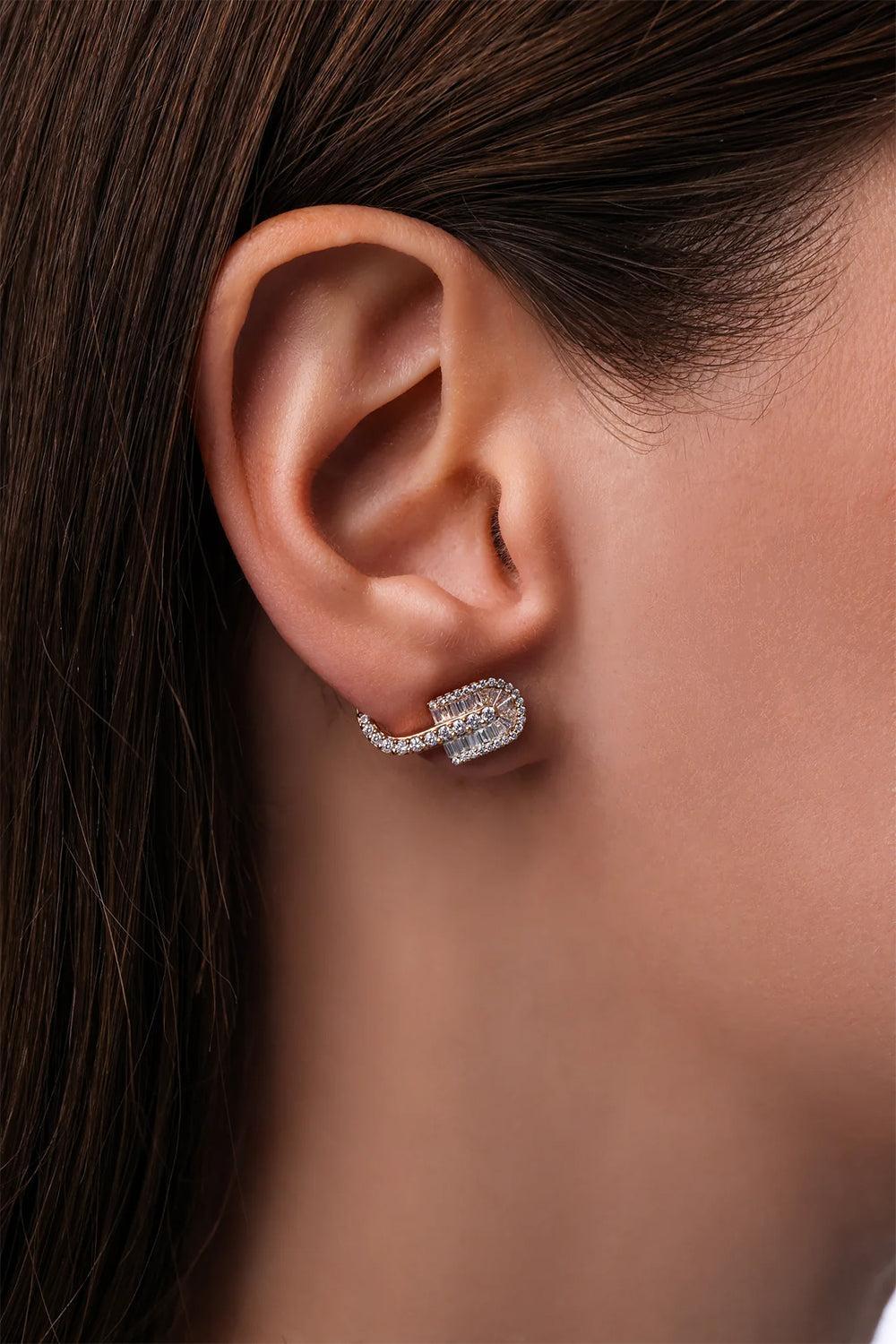 Diamond Baguette U Huggie Earrings - Yellow Gold-YELLOW GOLD-JEWELRYFINE JEWELEARRING-U LOS ANGELES