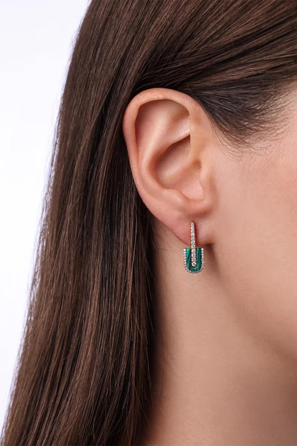Diamond Malachite U Drop Earrings-YELLOW GOLD-JEWELRYFINE JEWELEARRING-U LOS ANGELES