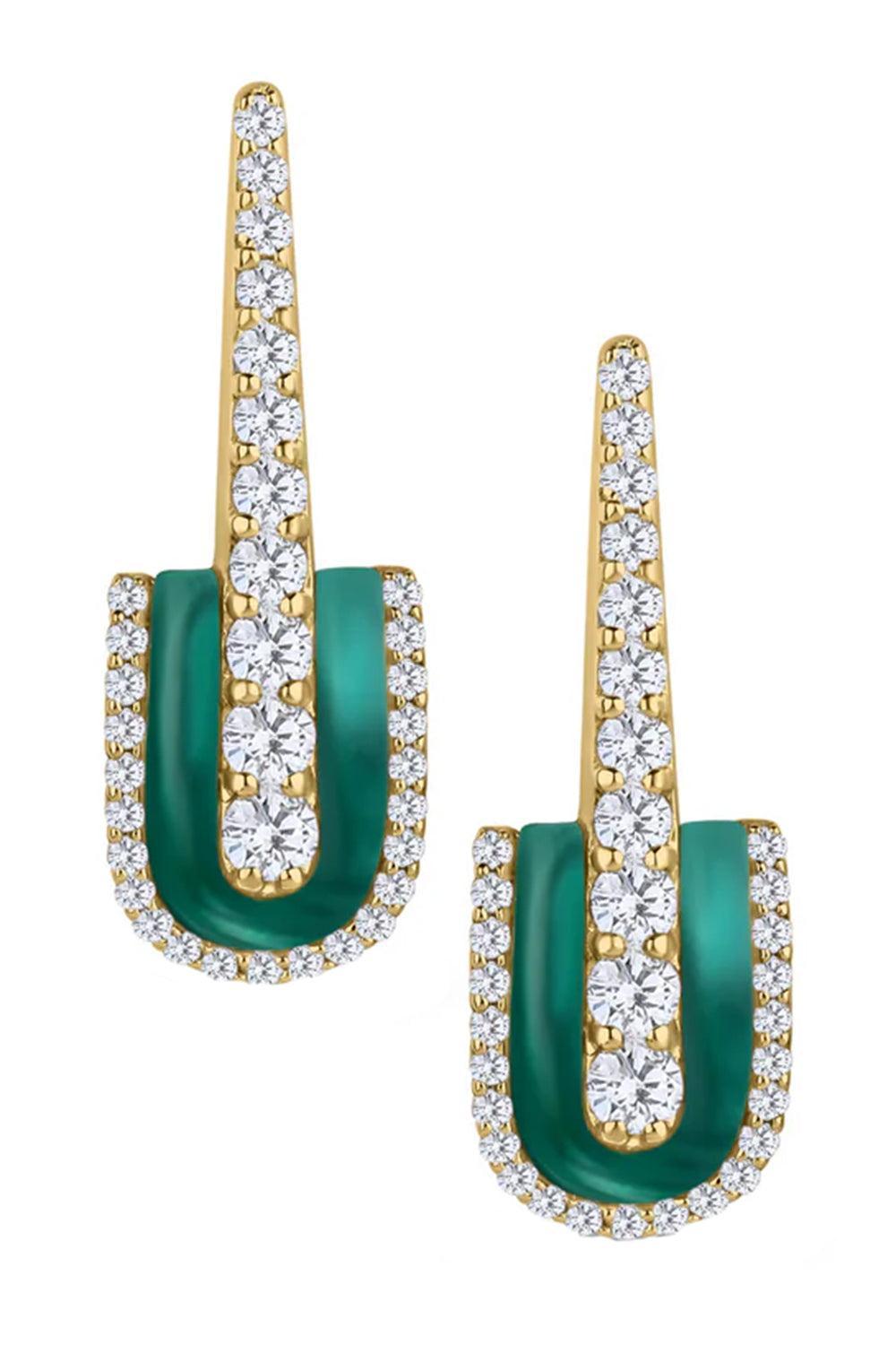 Diamond Malachite U Drop Earrings-YELLOW GOLD-JEWELRYFINE JEWELEARRING-U LOS ANGELES
