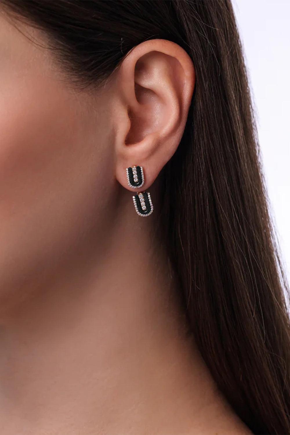 Diamond Onyx U Floating Earrings-YELLOW GOLD-JEWELRYFINE JEWELEARRING-U LOS ANGELES
