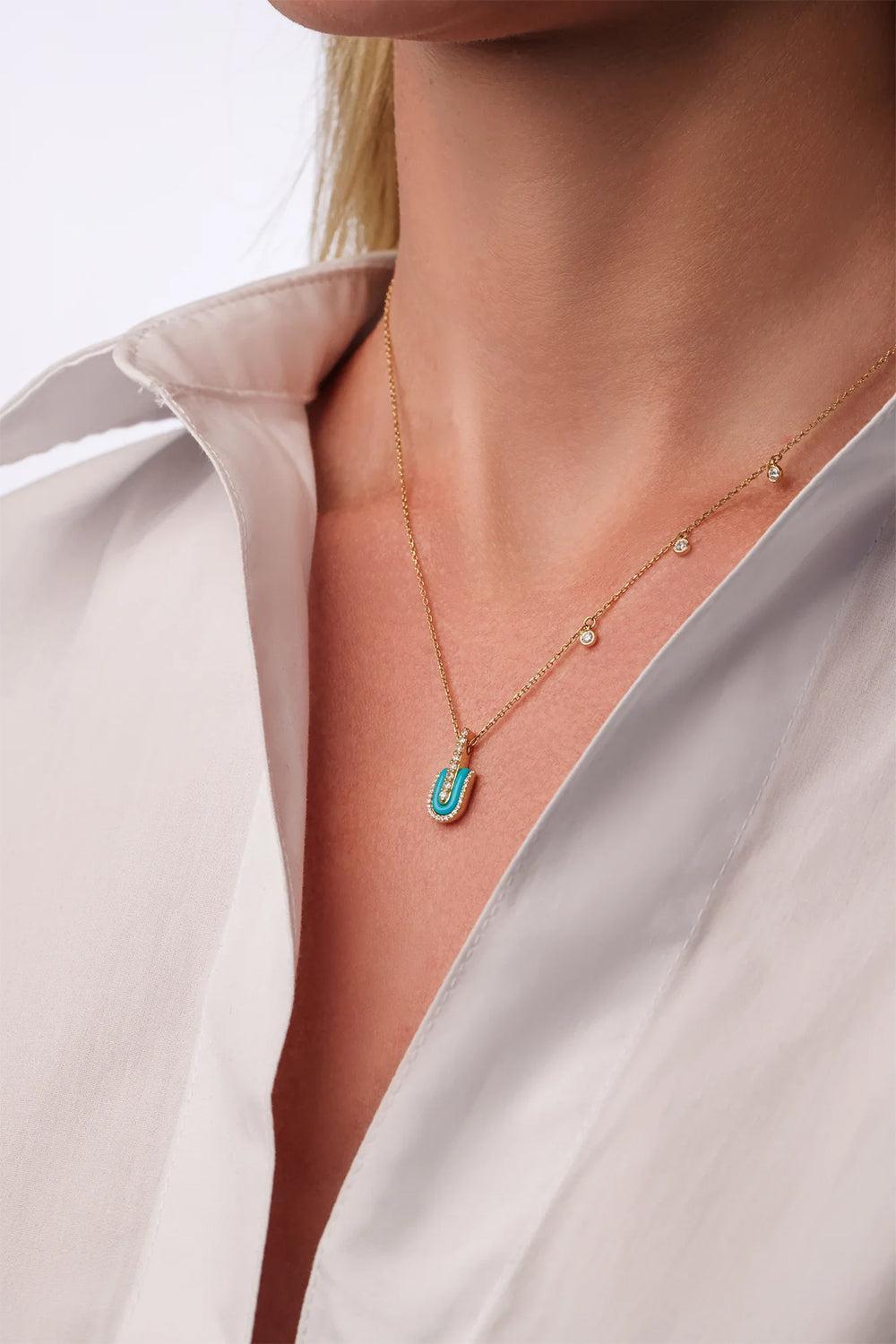 Diamond Turquoise U Solo Charm Necklace-WHITE GOLD-JEWELRYFINE JEWELNECKLACE O-U LOS ANGELES