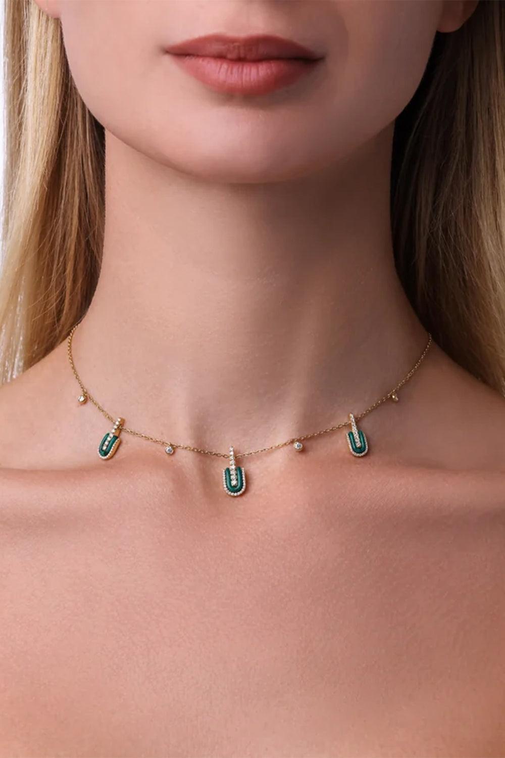Diamond Malachite U Trio Charm Necklace-YELLOW GOLD-JEWELRYFINE JEWELNECKLACE O-U LOS ANGELES