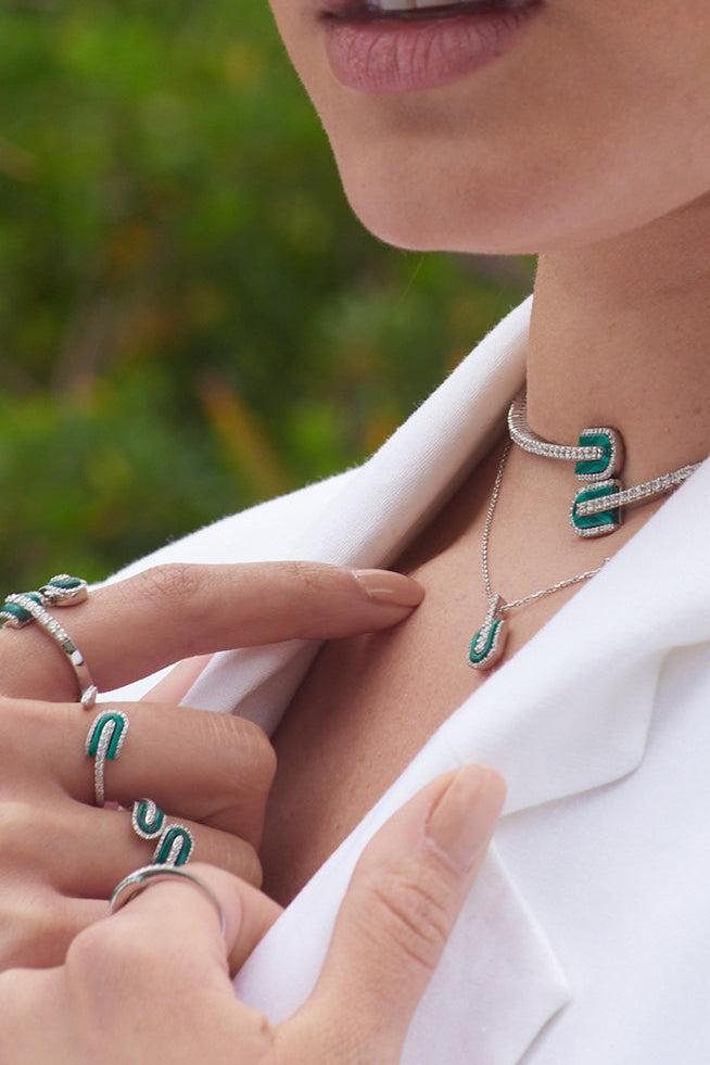 Diamond Malachite U Solo Twisted Ring-WHITE GOLD-7-JEWELRYFINE JEWELRING-U LOS ANGELES
