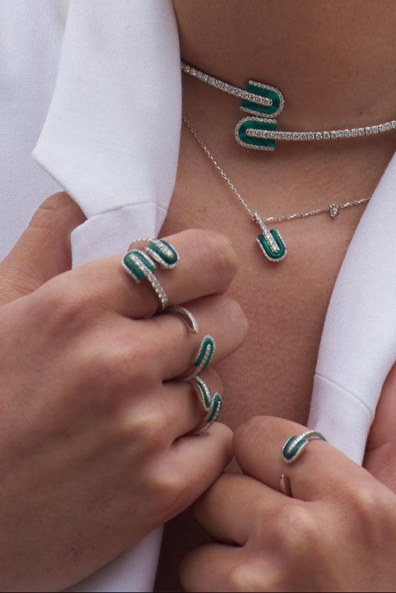 Diamond Malachite U Duo Maxi Ring-WHITE GOLD-7.25-JEWELRYFINE JEWELRING-U LOS ANGELES