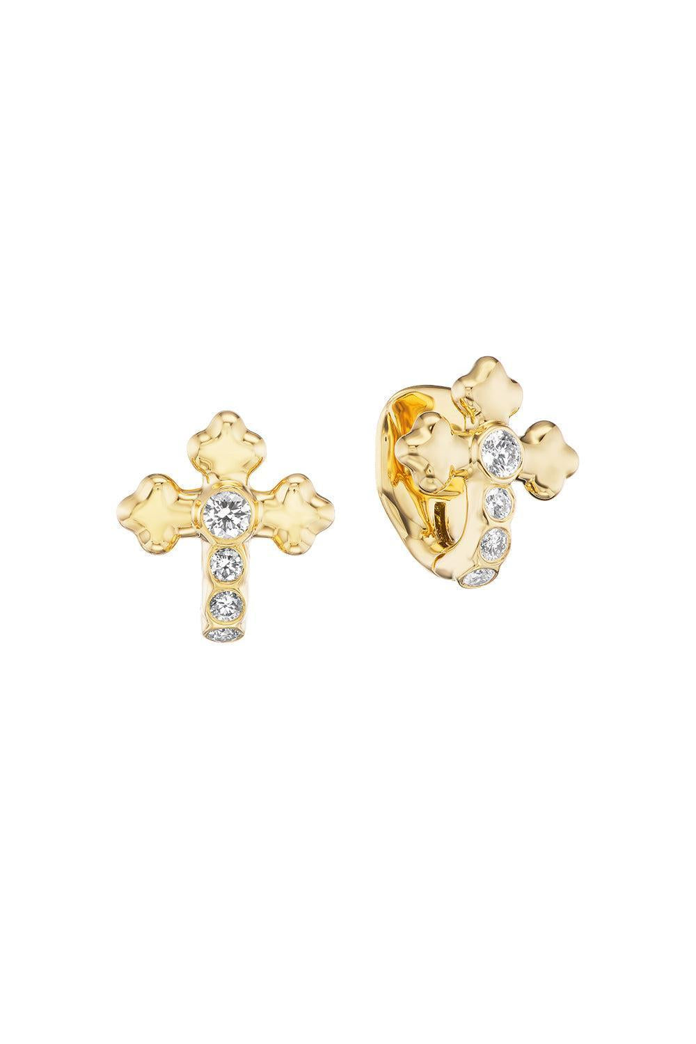 Diamond Cross Huggie Earrings-YELLOW GOLD-JEWELRYFINE JEWELEARRING-UNIFORM OBJECT