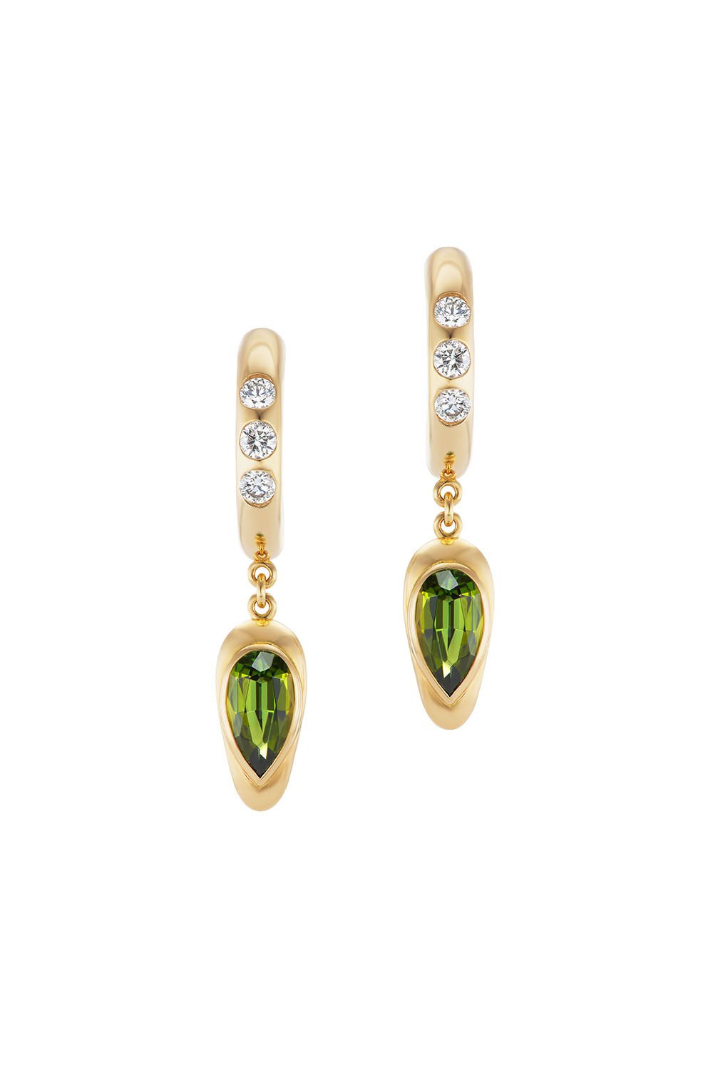 UNIFORM OBJECT-Green Tourmaline Fossil Drop Huggie Earrings-YELLOW GOLD