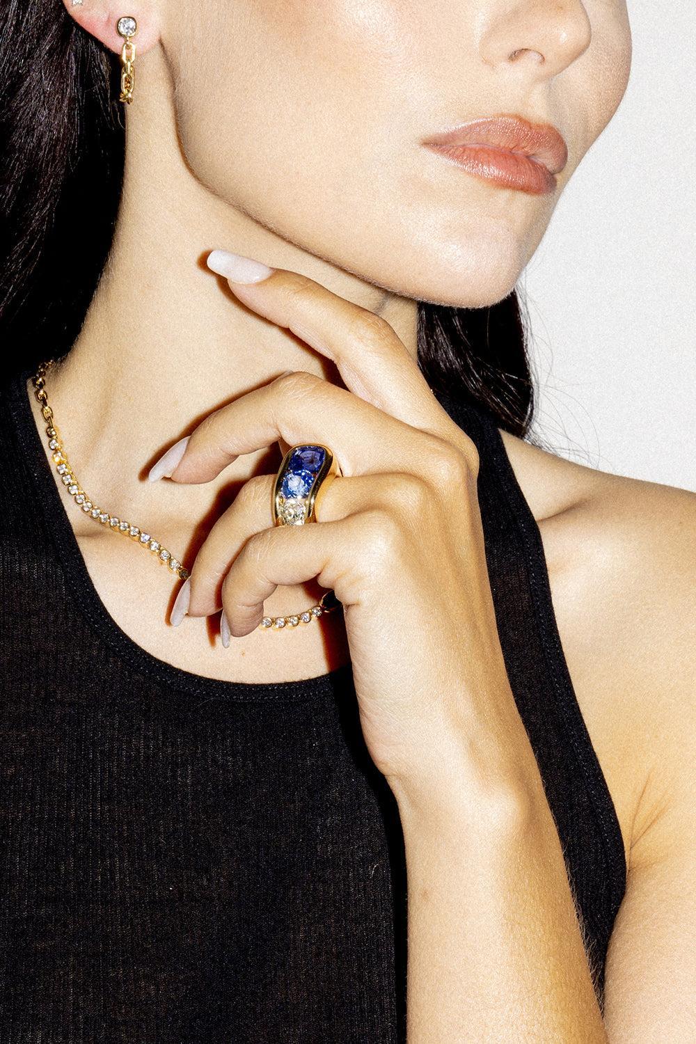 Diamond Blue Sapphire Cascade Ring-YELLOW GOLD-7-JEWELRYFINE JEWELRING-UNIFORM OBJECT
