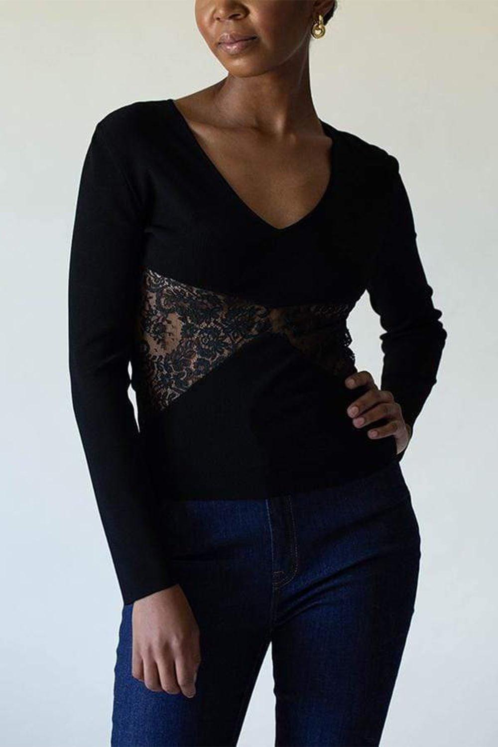 VALENTINO-3/4 Sleeve Lace Detail Knit Sweater-BLACK