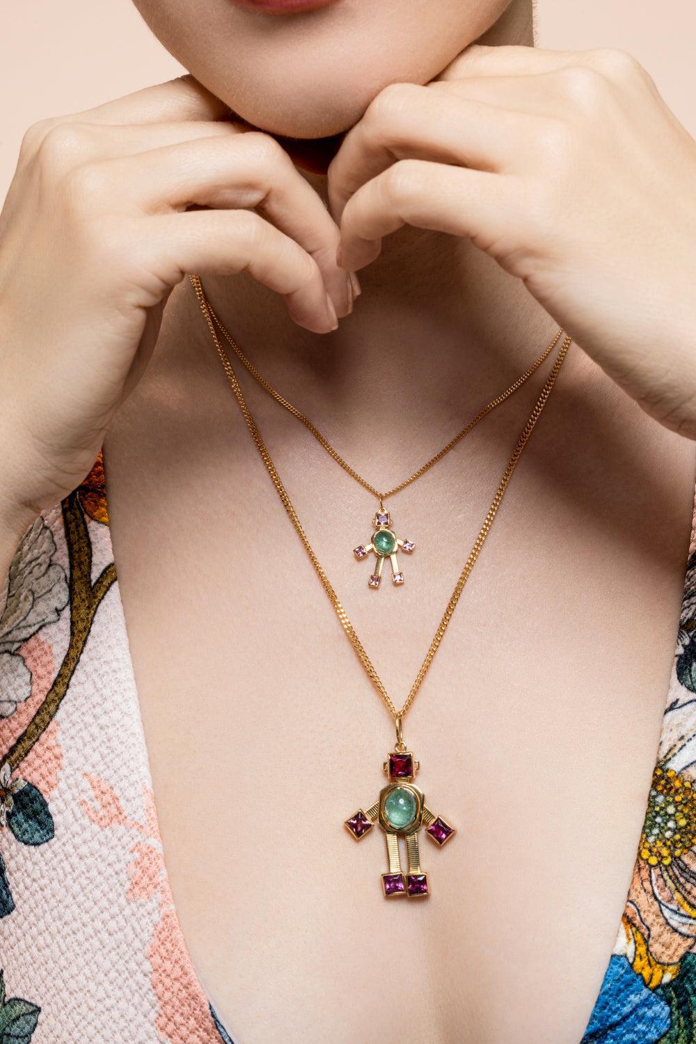 Pariaba Tourmaline Rubellite Mini Heart Robot Pendant-YELLOW GOLD-JEWELRYFINE JEWELPENDANT-VAN