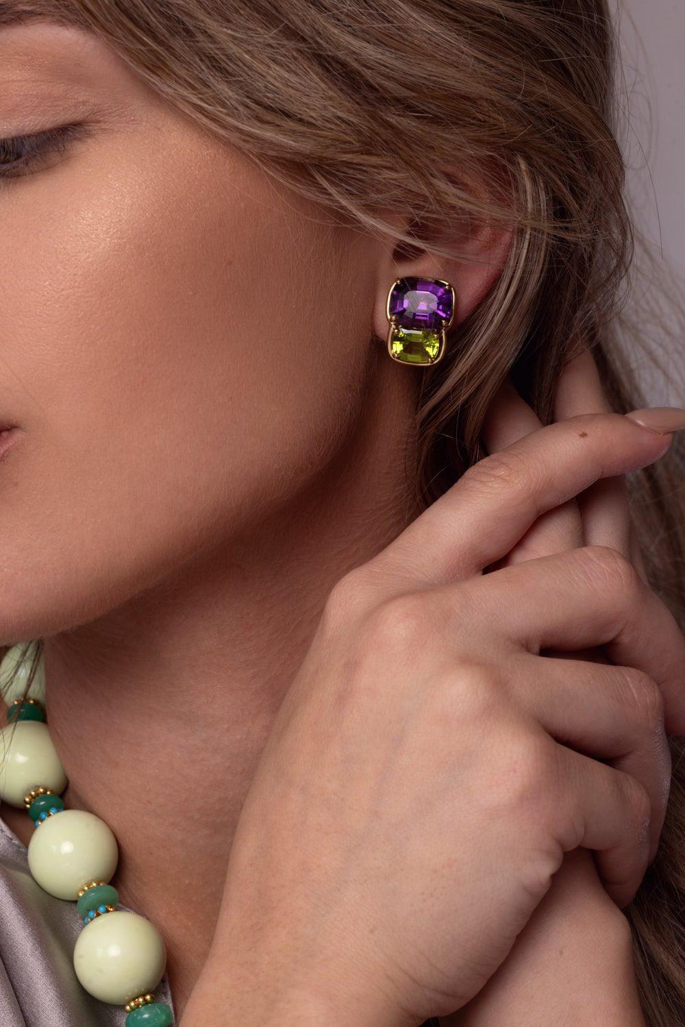 VERDURA-Amethyst Peridot Two Stone Earrings-YELLOW GOLD