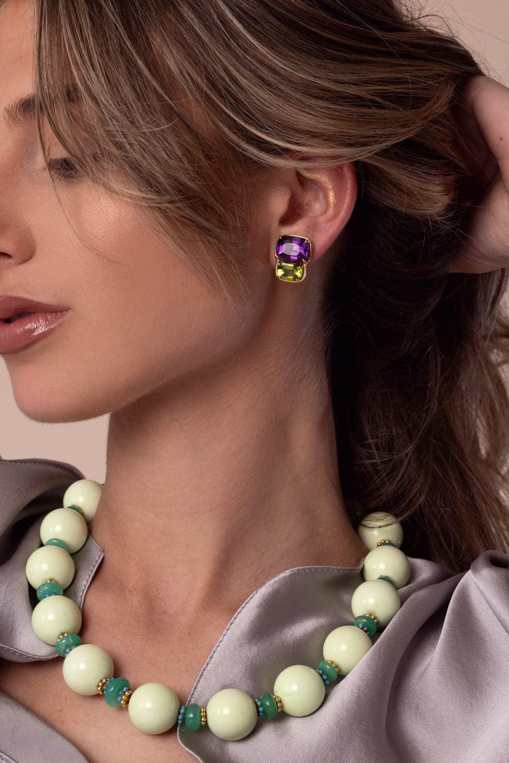 VERDURA-Amethyst Peridot Two Stone Earrings-YELLOW GOLD