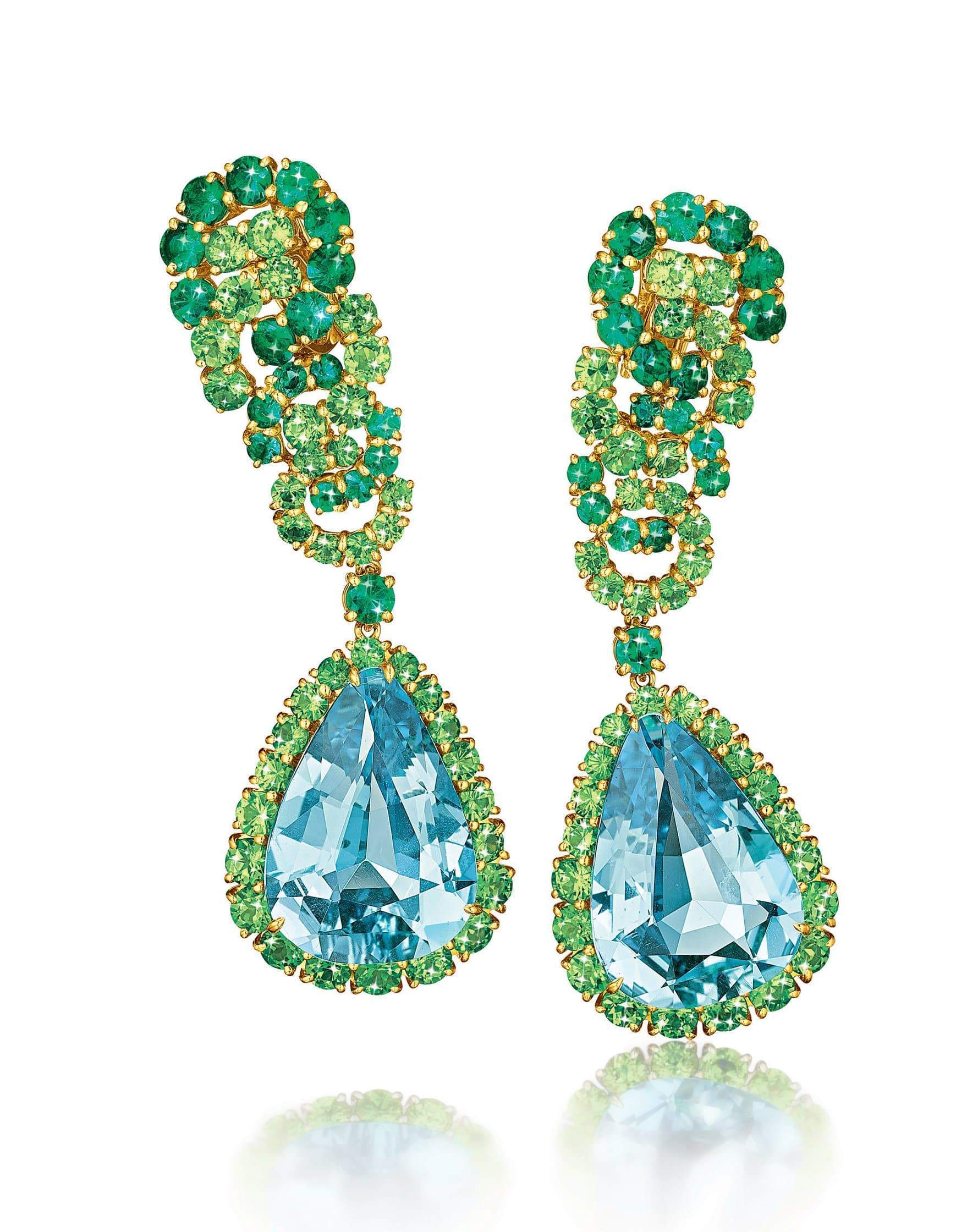 VERDURA-Cascade Aquamarine Emerald and Tsavorite Earrings-YELLOW GOLD