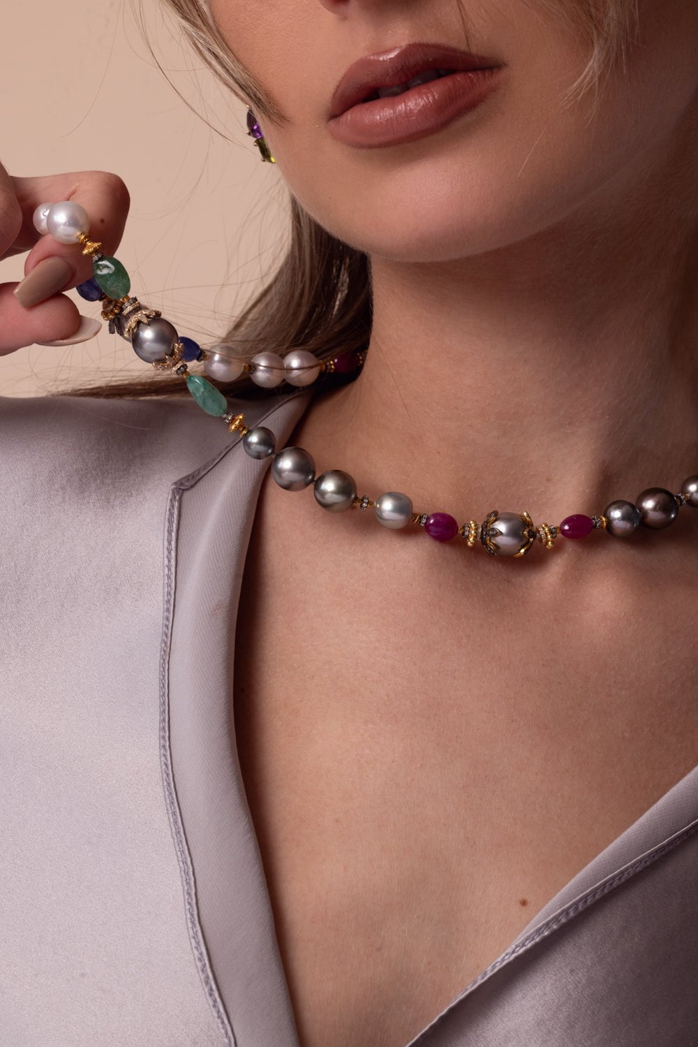 VERDURA-Pearl Emerald Sapphire Beaded Necklace-YELLOW GOLD