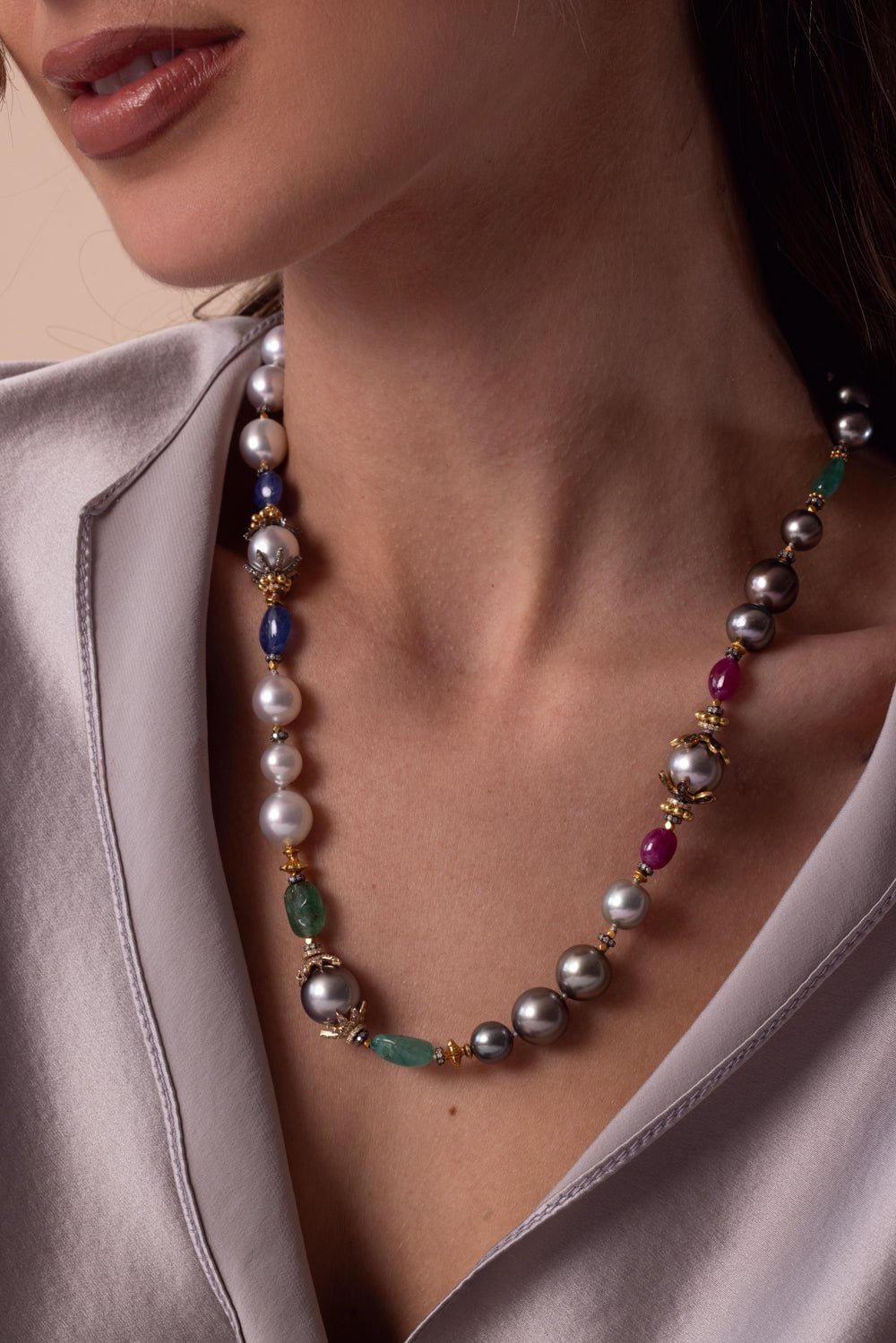 VERDURA-Pearl Emerald Sapphire Beaded Necklace-YELLOW GOLD