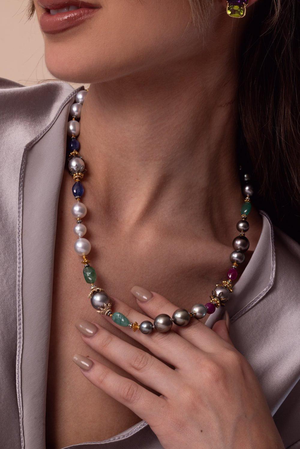 VERDURA-Pearl Emerald Sapphire Beaded Necklace-YELLOW GOLD