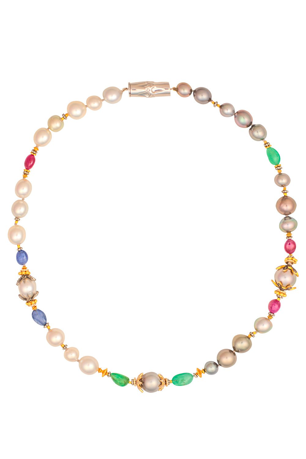 VERDURA-Pearl Emerald Sapphire Beaded Necklace-YELLOW GOLD