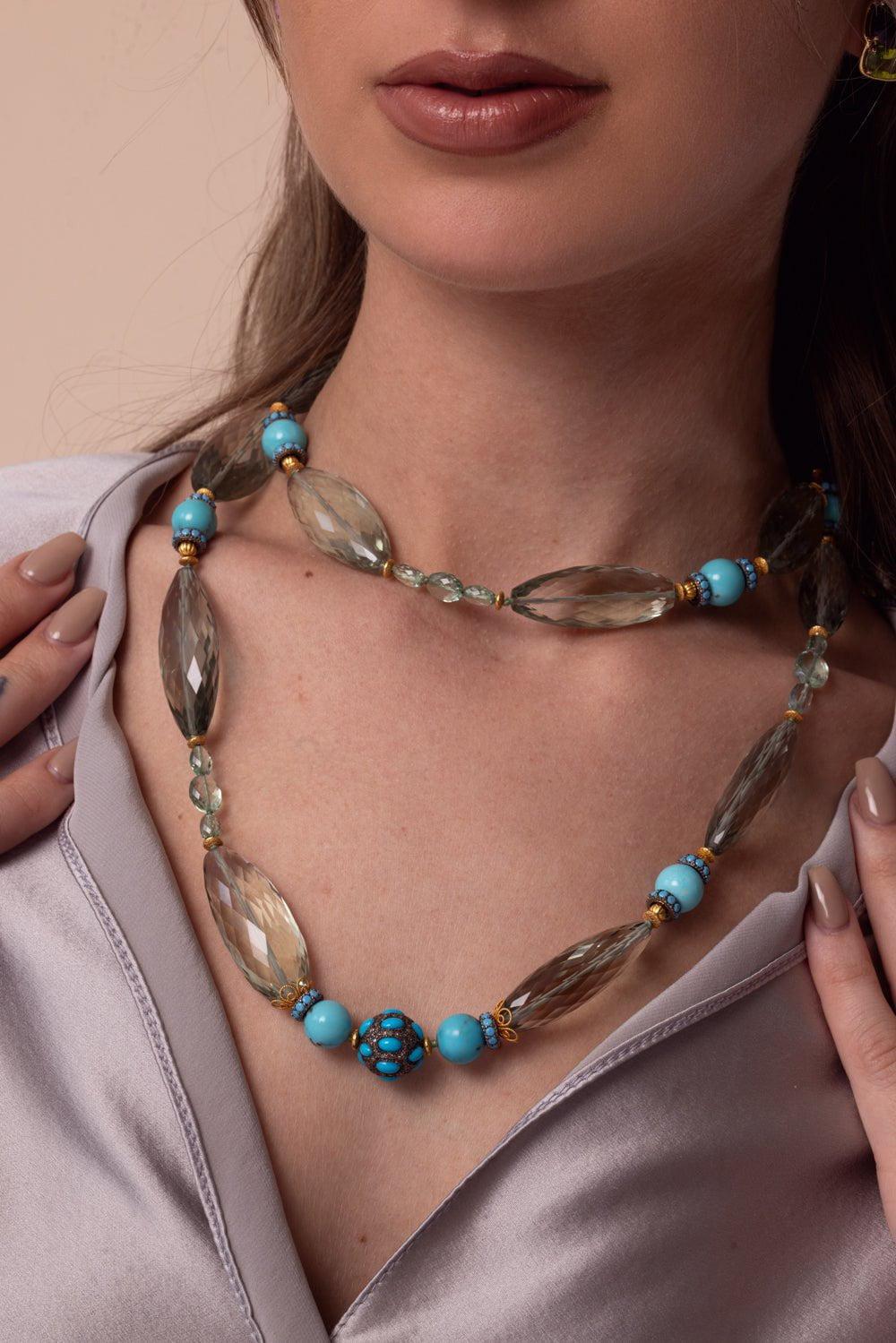 VERDURA-Prasiolite Emerald Turquoise Beaded Necklace-YELLOW GOLD