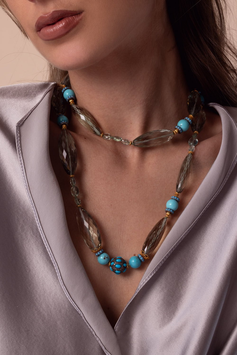 VERDURA-Prasiolite Emerald Turquoise Beaded Necklace-YELLOW GOLD