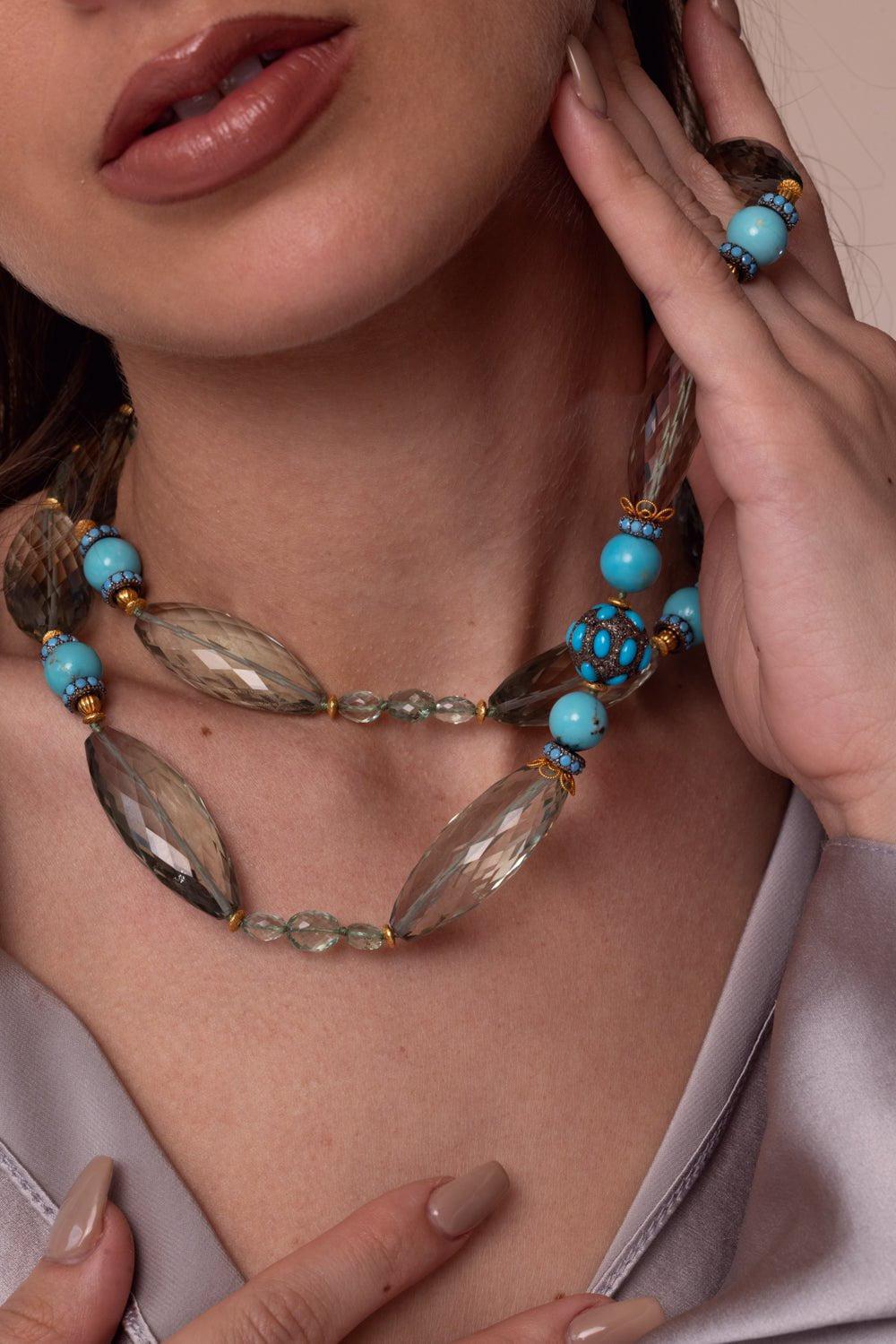 VERDURA-Prasiolite Emerald Turquoise Beaded Necklace-YELLOW GOLD