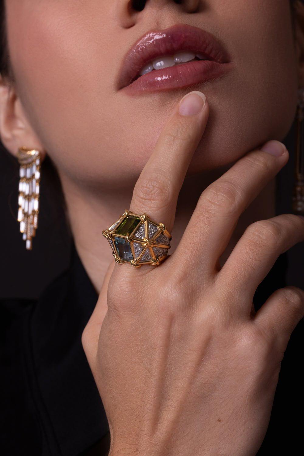 VERDURA-Aquamarine Peridot Diamond Ring-YELLOW GOLD