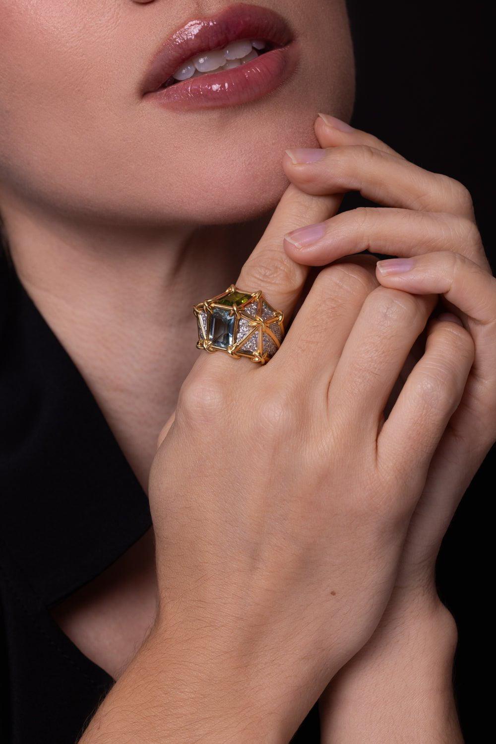 VERDURA-Aquamarine Peridot Diamond Ring-YELLOW GOLD