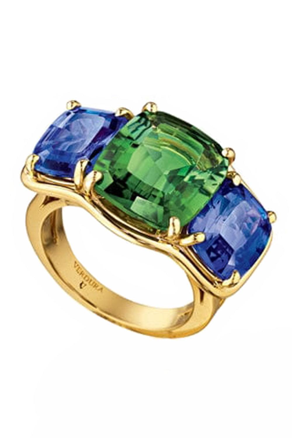 Green Tourmaline Tanzanite Three Stone Ring-YELLOW GOLD-6-JEWELRYFINE JEWELRING-VERDURA