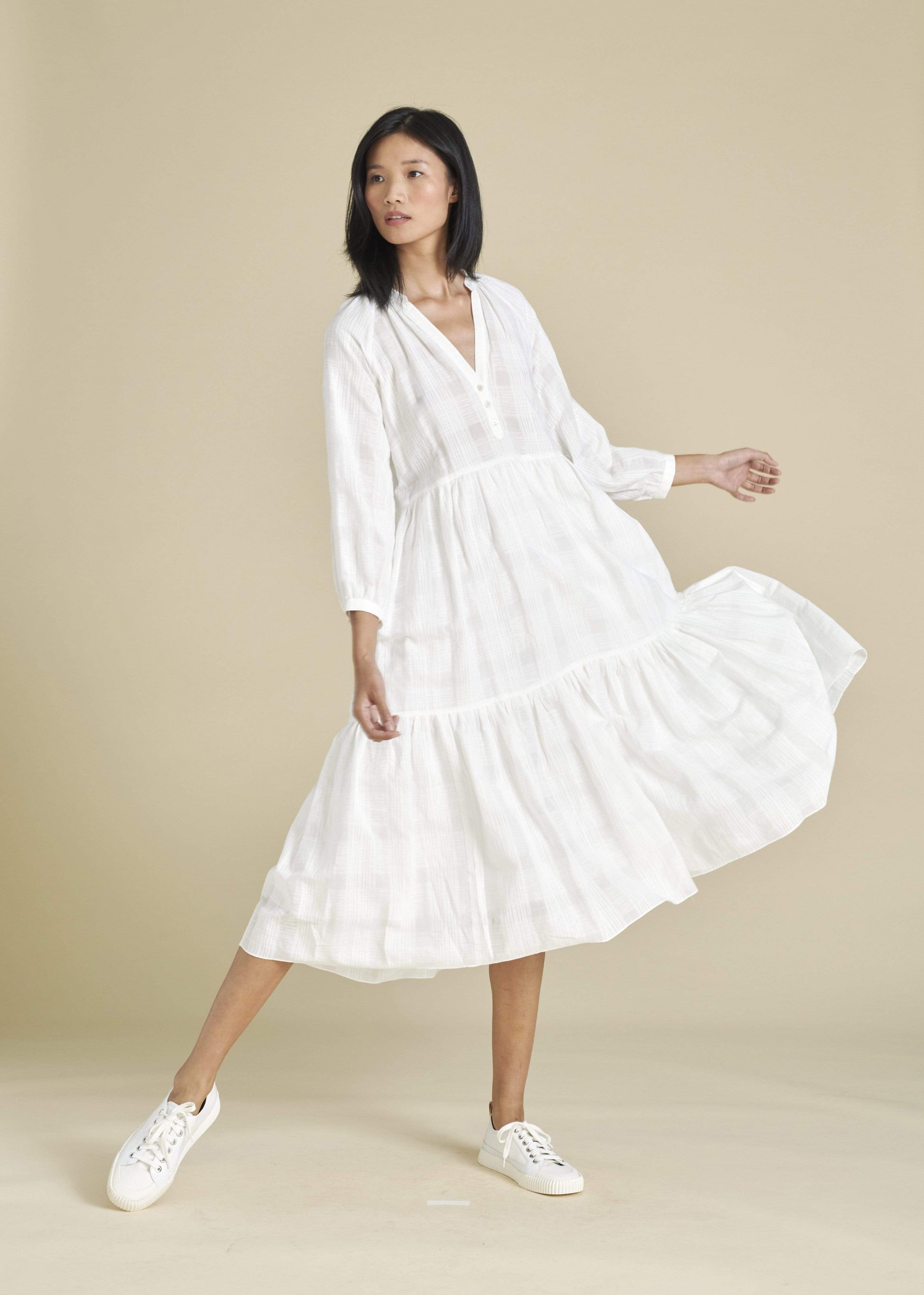 VERONICA BEARD-Sarita Tiered Check Midi Dress-