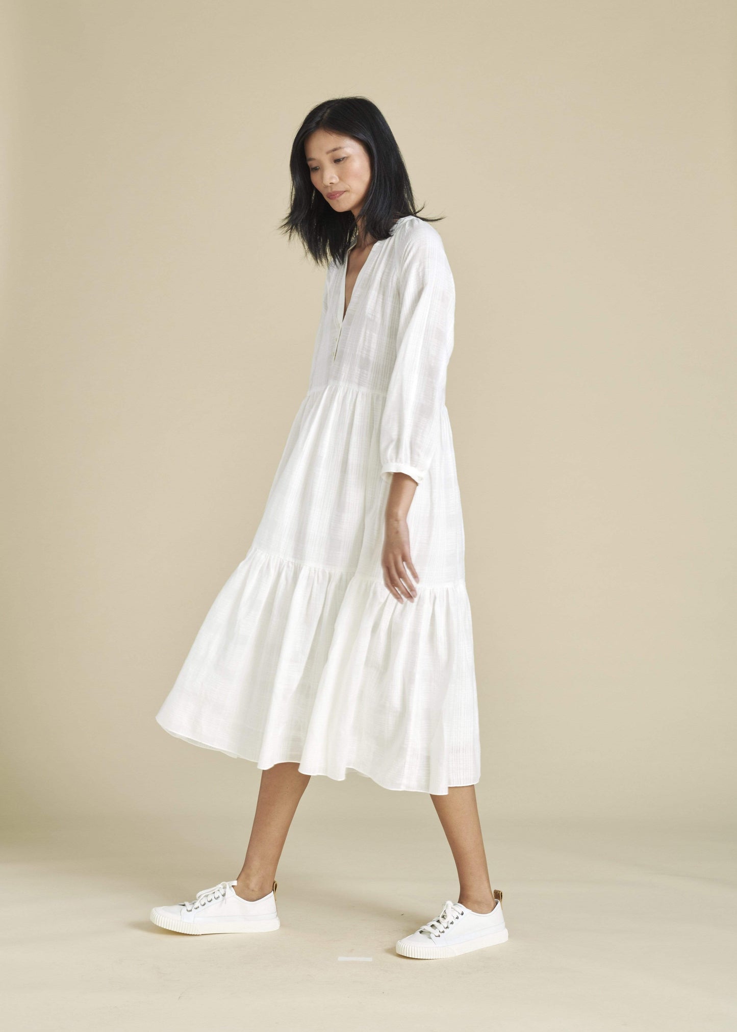 VERONICA BEARD-Sarita Tiered Check Midi Dress-
