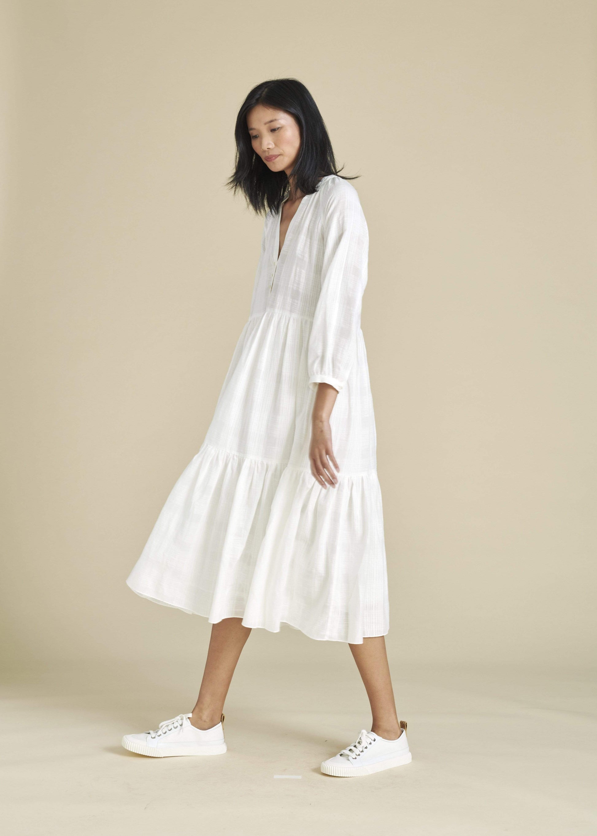 VERONICA BEARD-Sarita Tiered Check Midi Dress-