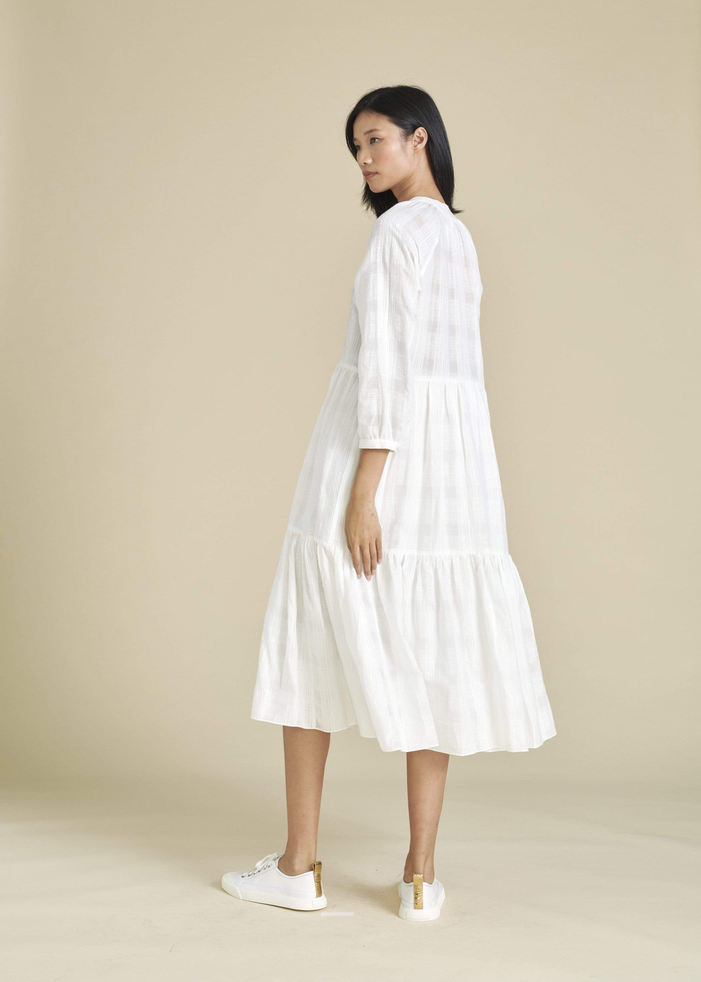 VERONICA BEARD-Sarita Tiered Check Midi Dress-