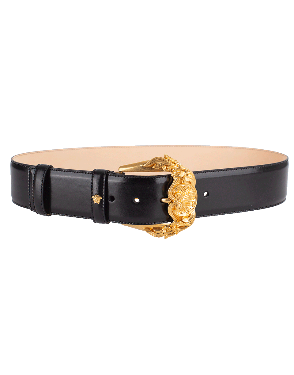 VERSACE-Gold Buckle Wide Leather Belt-
