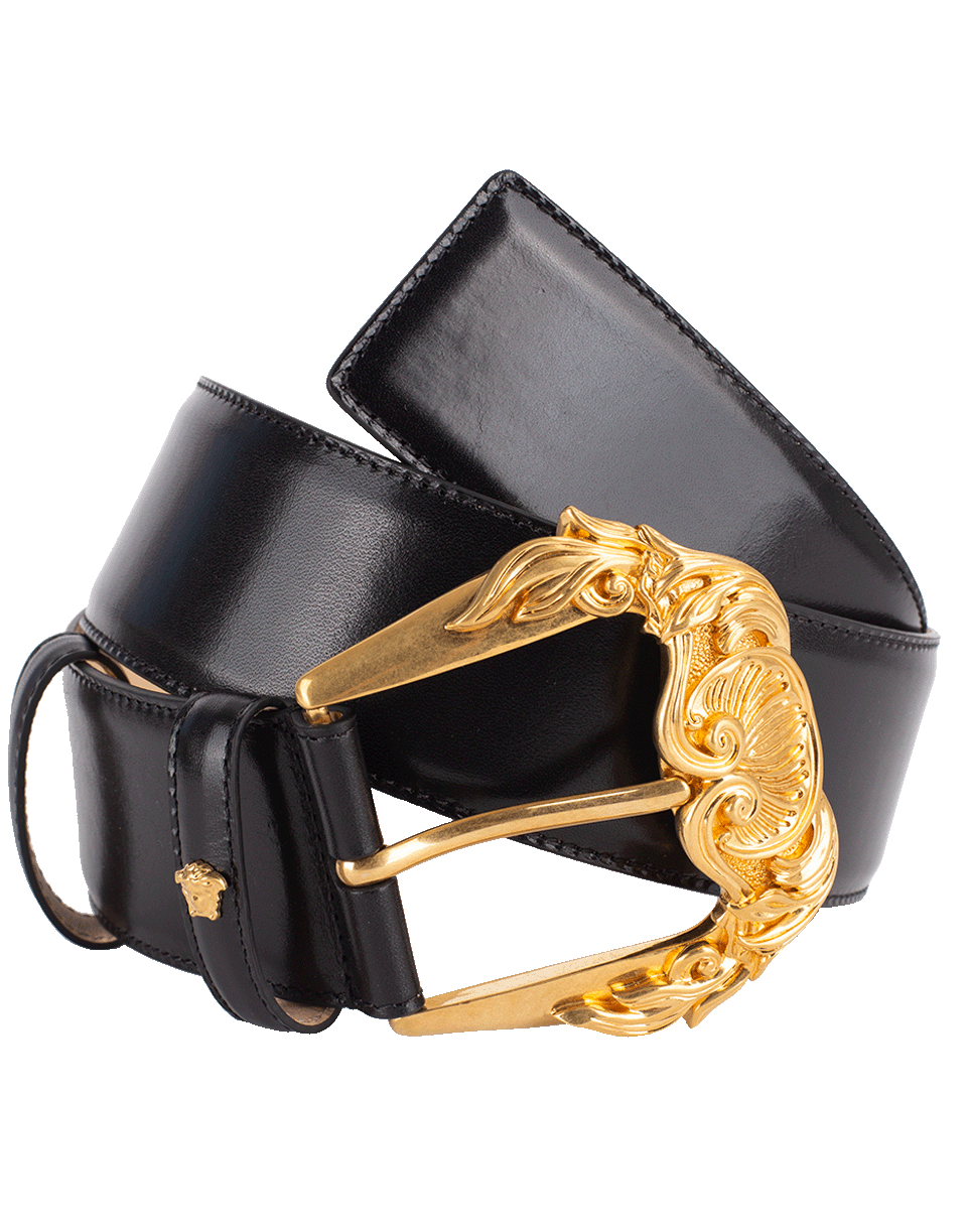 VERSACE-Gold Buckle Wide Leather Belt-