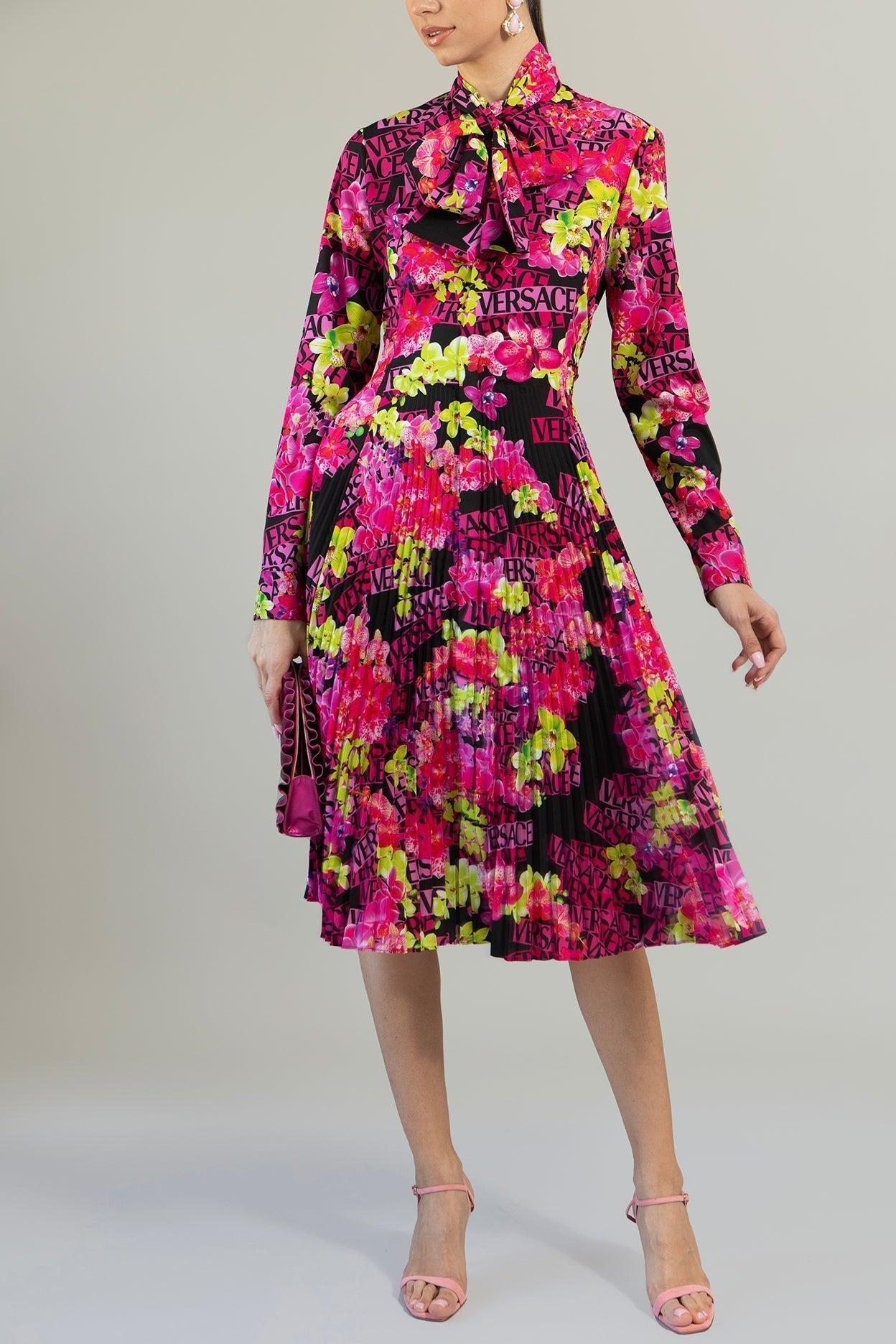 VERSACE-Long Sleeve Printed Midi Dress-PINK/BLK